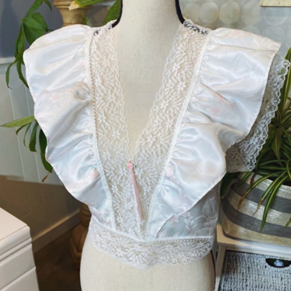 Vintage Lily of France Liquid Satin White Floral Lace Pajama Set - Picture 5 of 11